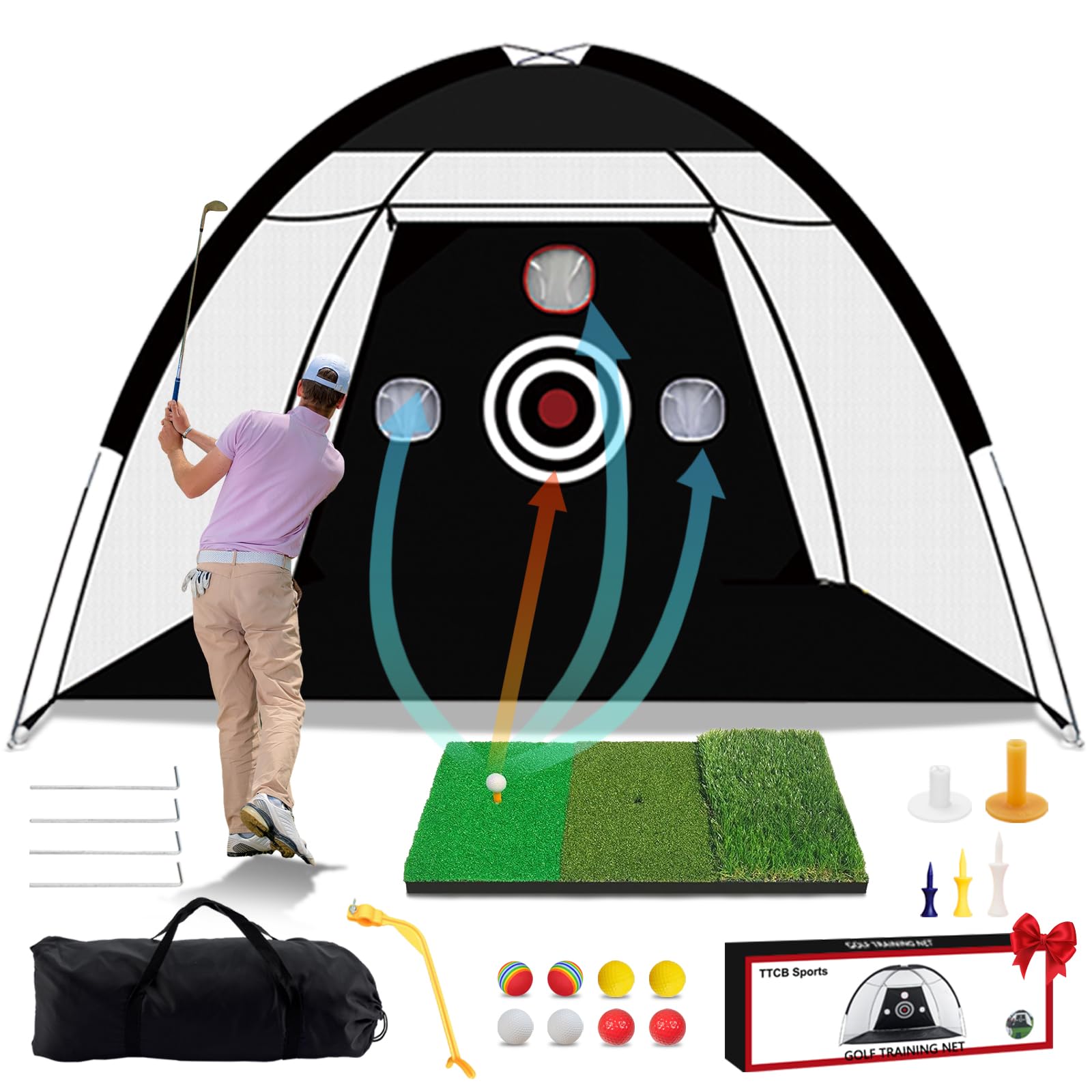 TTCB Sports Rete da golf, 10 x 7 m, rete da golf, per attività all'aperto, per interni ed esterni, per allenamento da golf, per regali, accessori da golf, con tappetino, palle, tè, correttore