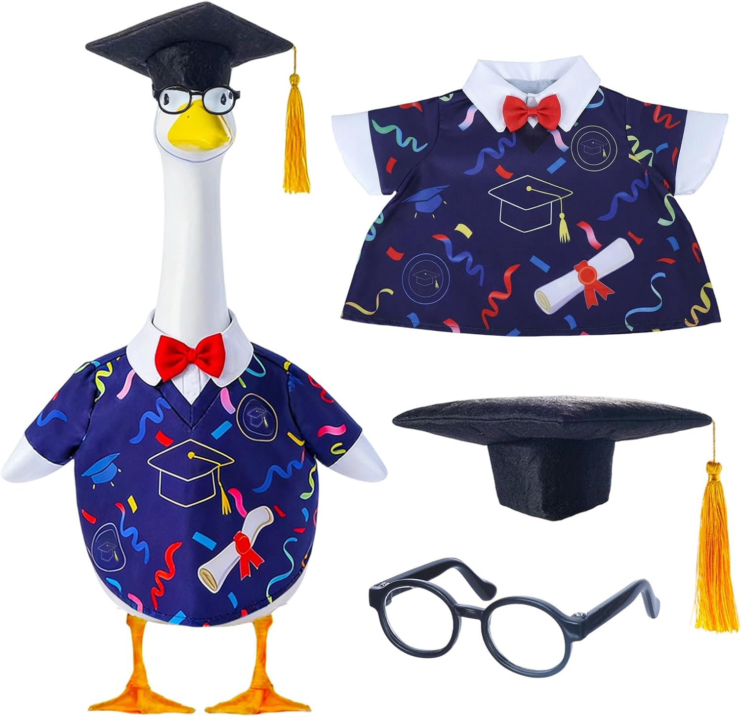 Porch Goose Outfits - 3Pcs Graduation Goose Clothes Costume with Hat for 23'' Geese Statue, Grad Cap Gown Glasses for Indoor Outdoor Patio Yard Lawn Art Decor