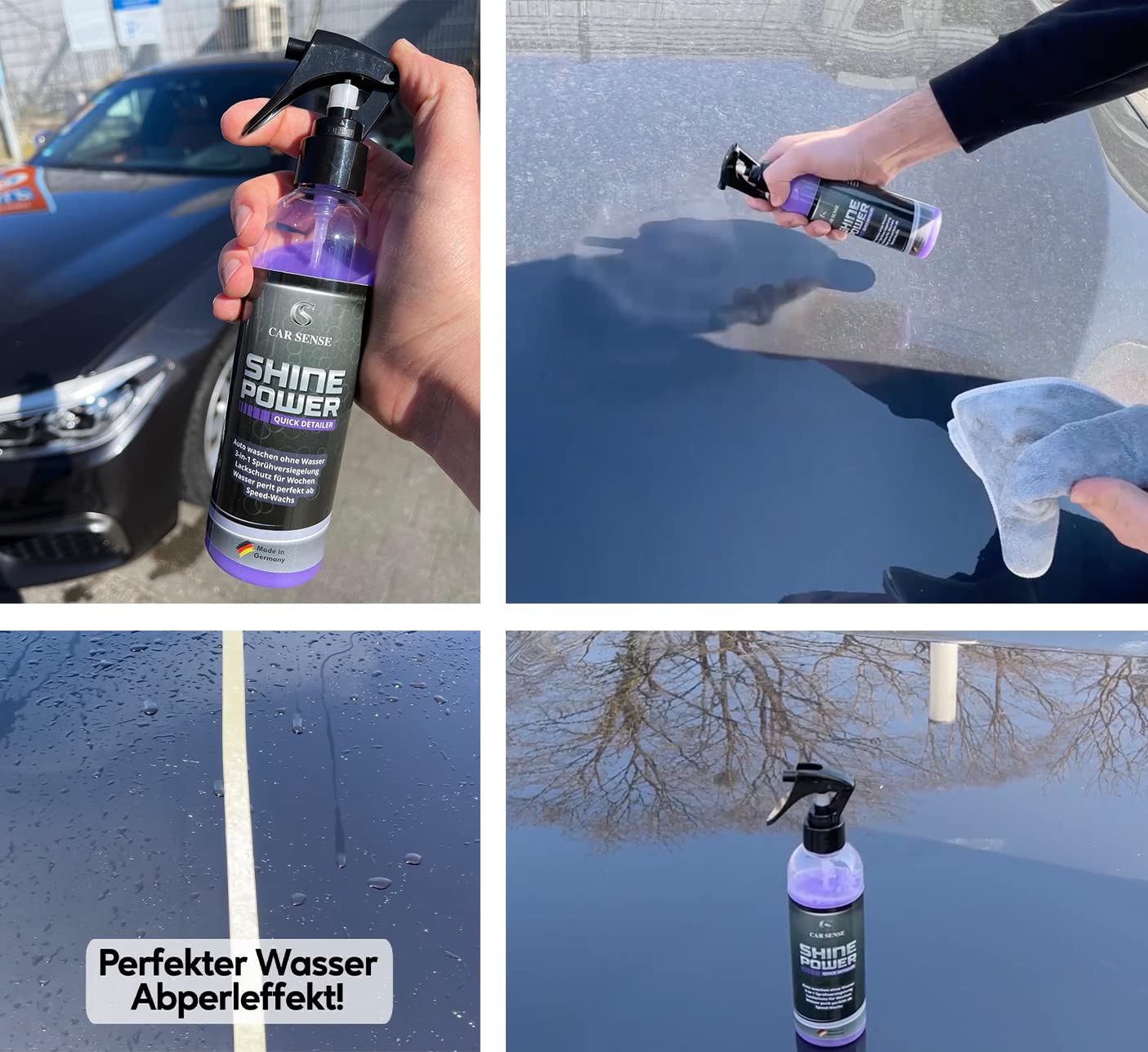 Car Sense SET Shine Power Quick Detailer Speed-Wachs 2x 0,25L 3 in 1 Autolack-Reiniger 1x Premium Spiegelglanz Auto Poliertuch 40x40 cm I Schnellversiegelung I Schnellglanz zum Sprühen I Lackpflege