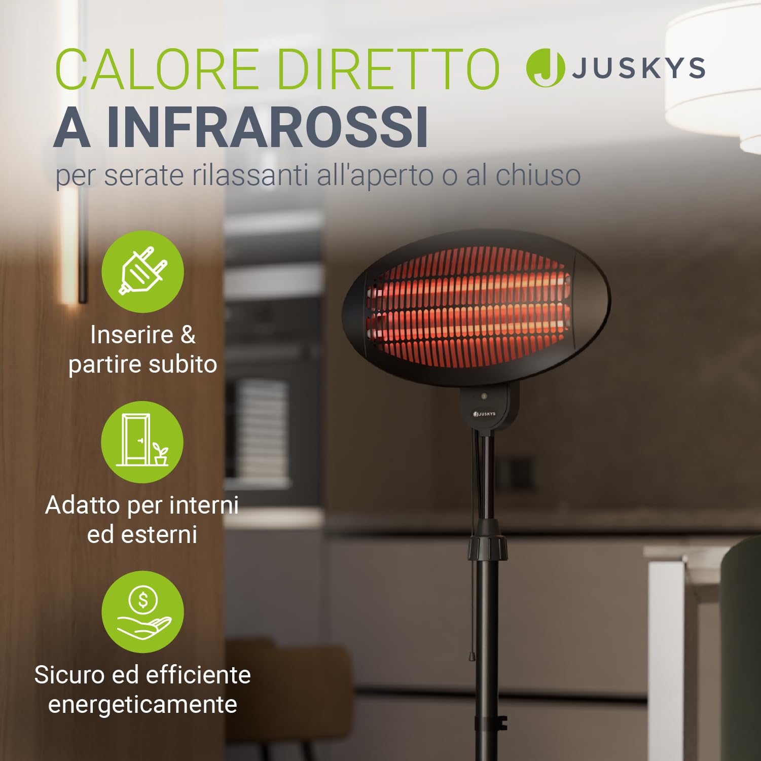 Juskys stufa a infrarossi 2000W – Nero, riscaldatore da esterno con supporto telescopico & 3 potenze per balcone & patio