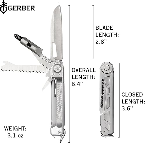 Miniatura 6 de Gerber Gear Armbar Trade - Multiherramienta 8 en 1 - Hoja de borde liso de 2.5 pulgadas, barra de palanca, martillo - Equipo y equipo EDC - Plata