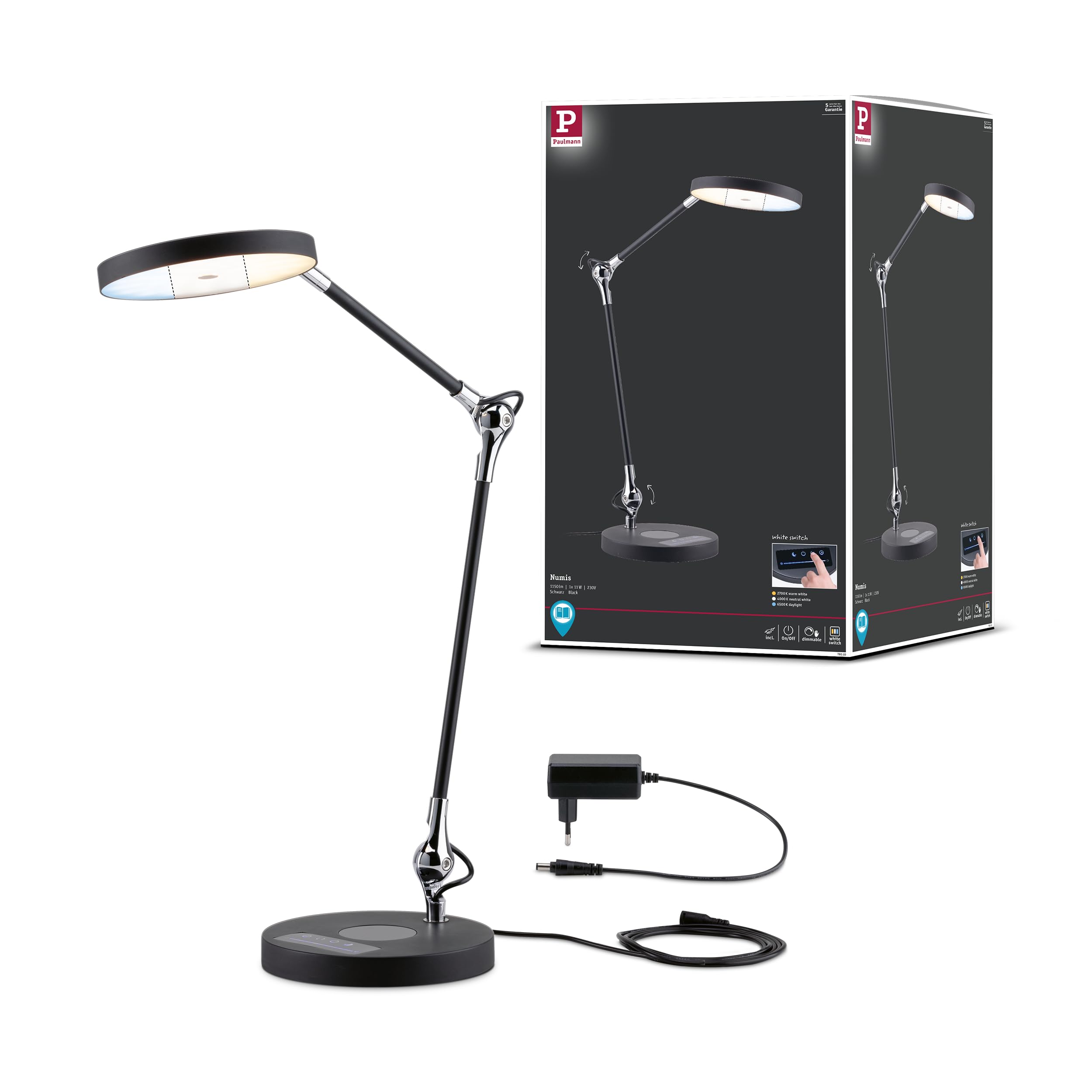 Paulmann 78010 LED Schreibtischleuchte Numis Tunable White incl. 1x11 Watt dimmbar Schwarz Aluminium, Kunststoff 2.700-6.500 K