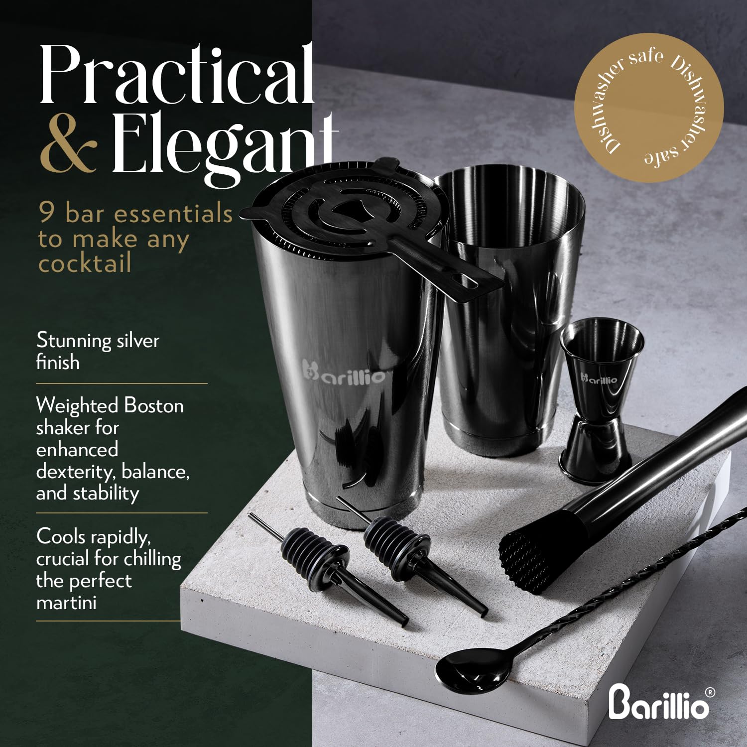 Barillio Black Boston - Juego de coctelera de acero inoxidable con peso para coctelera Martini con colador y mezclador, kit de barman de mixología, juego de bar para el hogar, juego de coctelera de 9