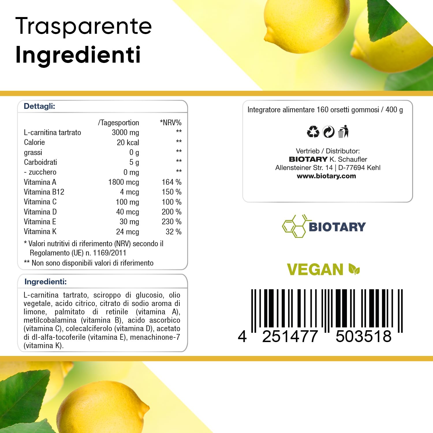 Caramelle Gommose L-Carnitina 3000 mg dose giornaliera, 160 gummies scorta 3 mesi, con vitamine A, B12, C, D, E e K, vegane, senza zucchero, alto dosaggio, testate (1)