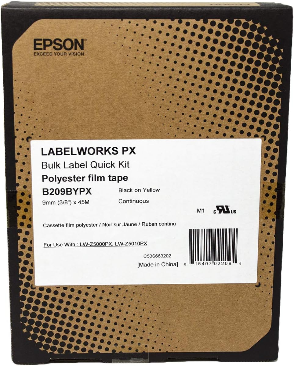 Epson LABELWORKS B209BYPX Genuine Bulk Continuous PET (Polyester) Tape - Black on Yellow Standard Industrial Label Maker Tape - 3/8" (9MM) Wide, 147.6 ft