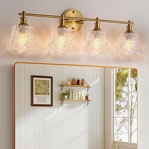Gefolly Bathroom Light Fixtures, 4-Light Vanity Lights Over Mirror with Personalized Glass Shade, Wall Decor Lamp for Bedroom Hallway Living Room, Gold