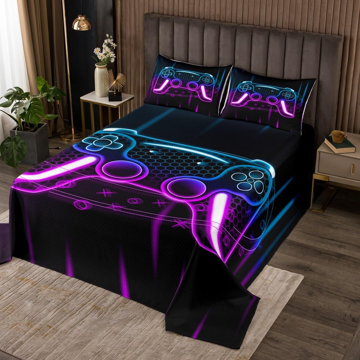 Erosebridal Video Game Coverlet Set King Size Game Joysticks Bedding Set for Kids Boys Girls Geometric 3D Game Controller Quilted Coverlet Red Blue Gradient Honeycomb Quilted