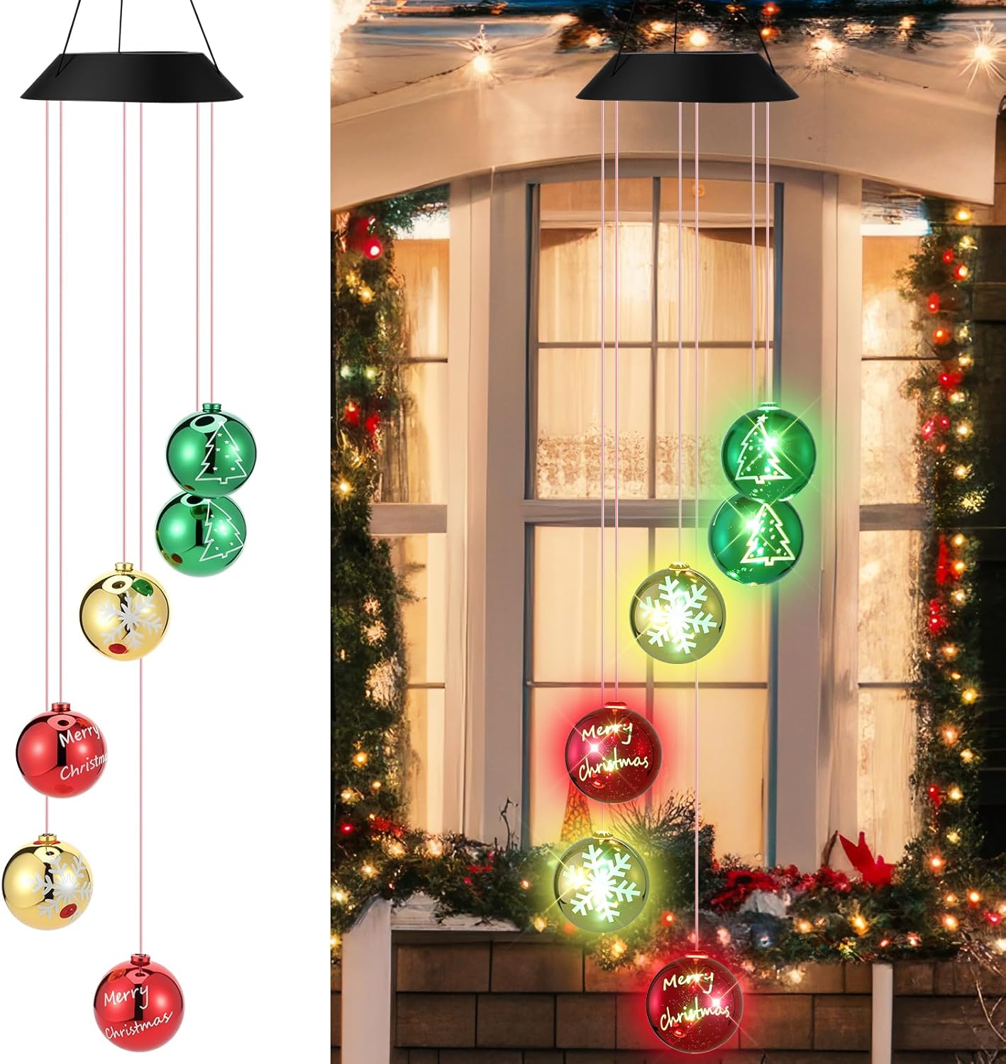 Christmas Solar Wind Chimes 28 Inch Color Changing LED Solar Wind Chimes Unique Outdoor Garden Yard Hanging Decoration for Xmas New Year Ornament Mom Gift (Christmas Ball)