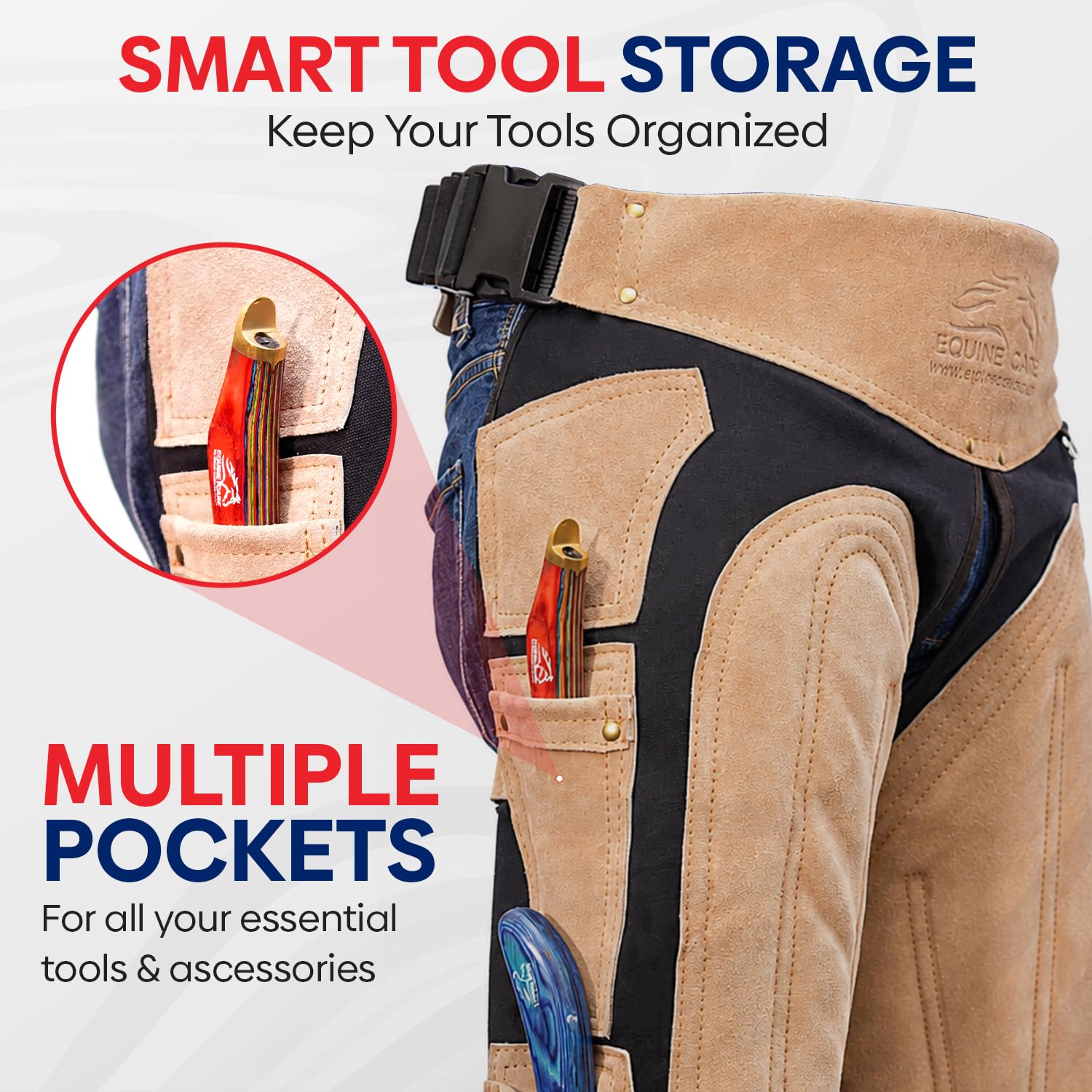 Equine Care Farrier Chaps 4 bolsillos para cuchillos e imán de uñas, delantal de cuero de gamuza y lona para zapatos de caballo (23 pulgadas-59 cm)