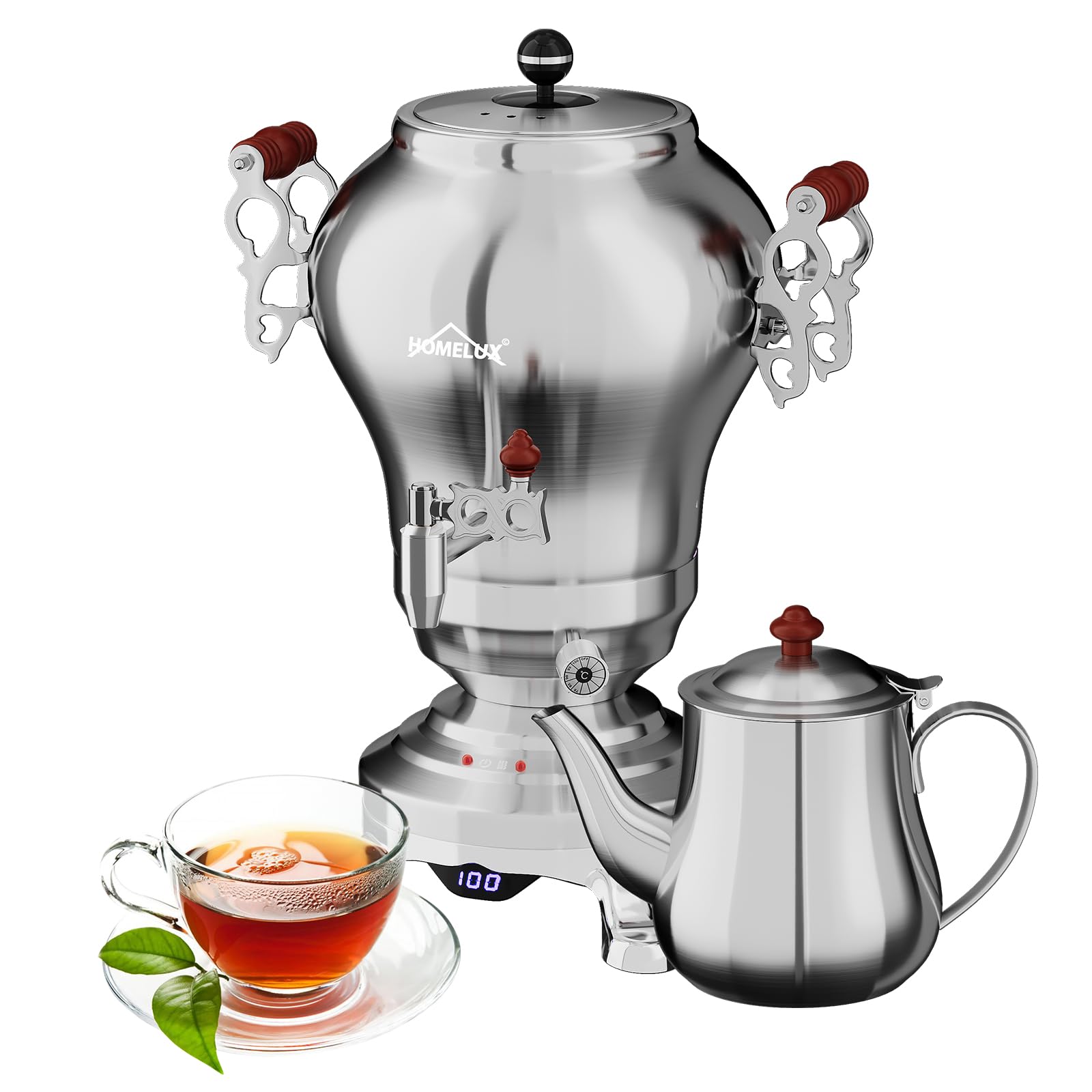 HOMELUX Elektrischer Samoware Edelstahl, 1850 Watt Teemaschine Wasserkocher 2.5L +1.2L Teekannen Set Großer Teekocher mit Warmhaltefunktion eingestellte Temperatur, Ablasshahn für Gastrobetriebe