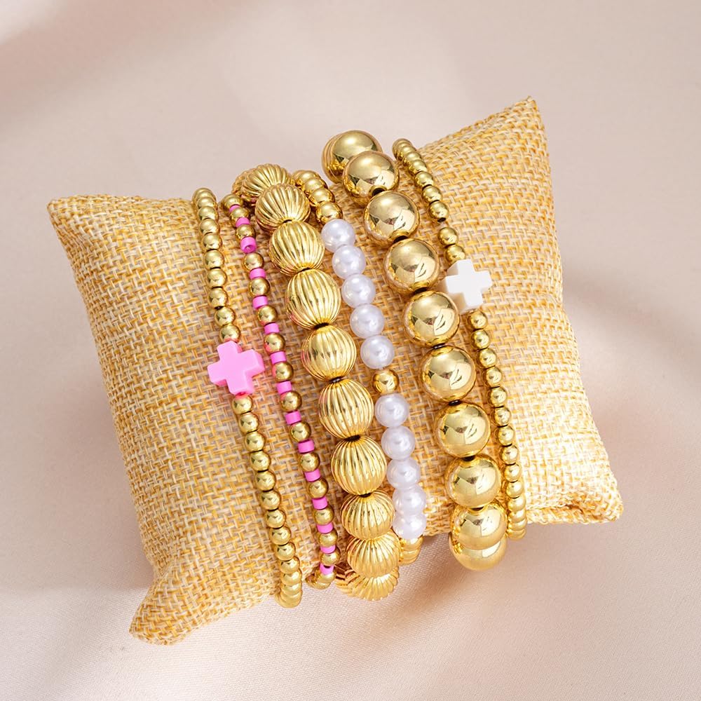 Gold Beaded Bracelets for Women,Boho Cross Stacking Bracelets Trendy Non Tarnish Preppy Bracelet Set,Aesthetic Vacation Jewelry Accessories - Image 5