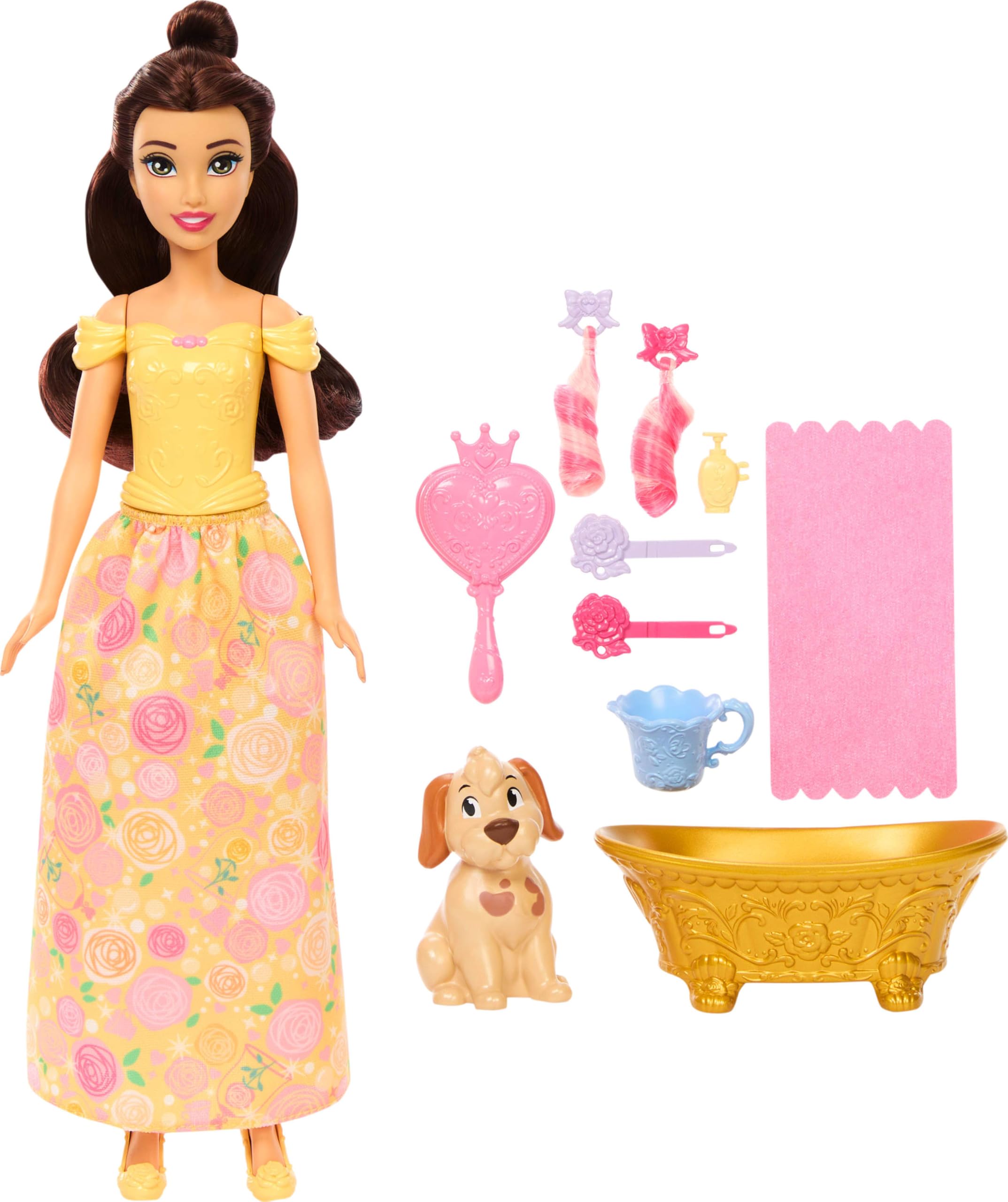 Mattel Disney Princess Belle Fashion Doll & Dog Figure with Color Change Spots, Bathtub, Brush & Hair Accessories, Inspired by Beauty & The Beast
