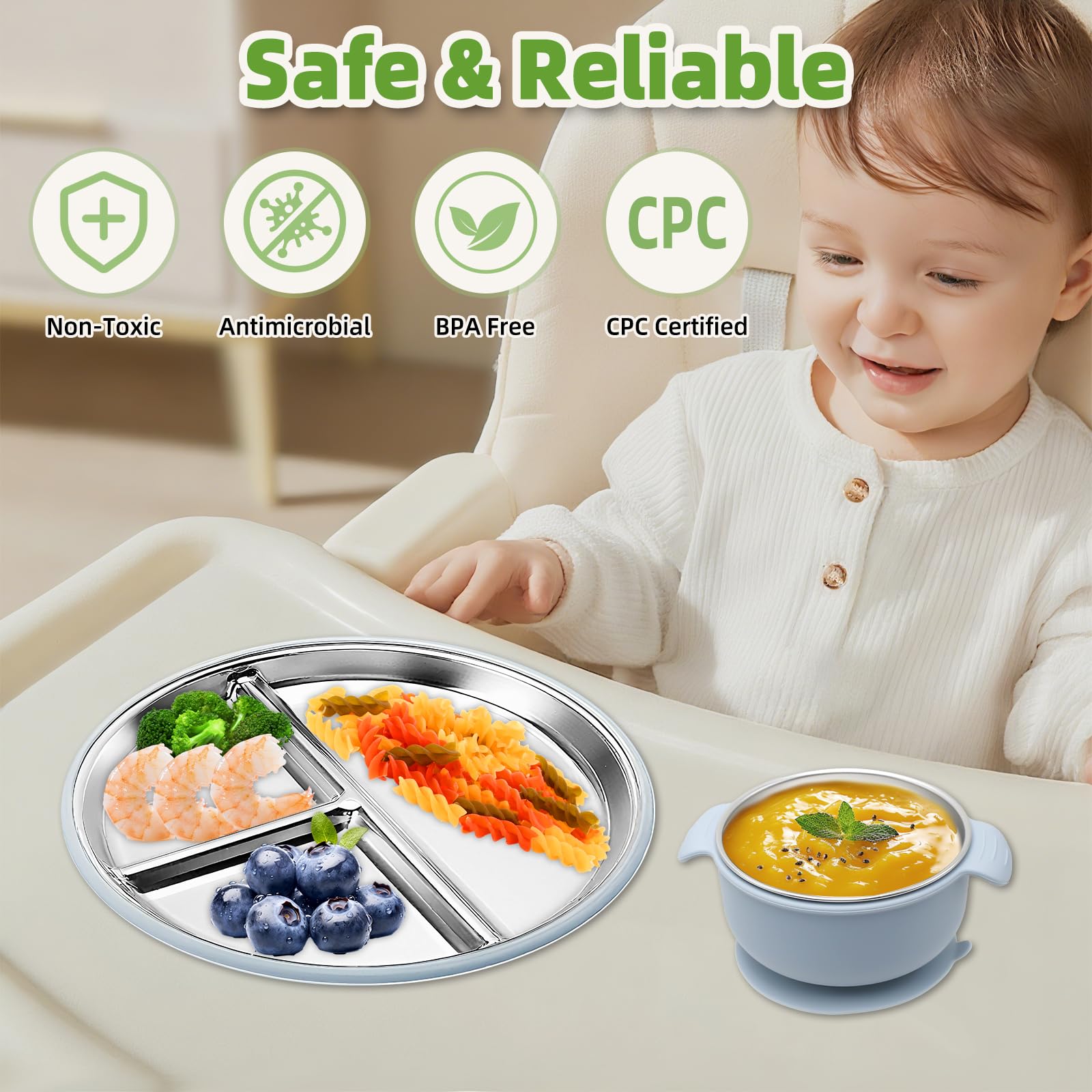2 Stück Edelstahl Babyteller mit Saugnapf + 2 Stück Edelstahl Breischale Baby Schüssel mit Saugnapf, Abnehmbare Silikonhülle Kinder Geschirr Set, BPA-Frei, Spülmaschinenfest (BlueGreen)