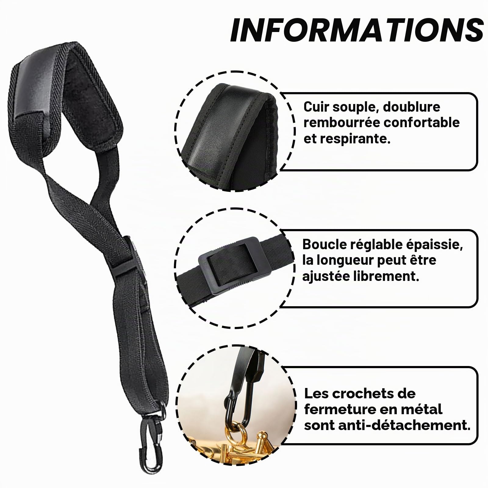 Saxophone, Sangle d'Épaule, Bandoulière pour Saxophone, Accessoire pour Saxophone Alto, Accessoire de Jeu pour Saxophones Soprano, Alto et Ténor, pour Hommes et Femmes, Adultes et Enfants