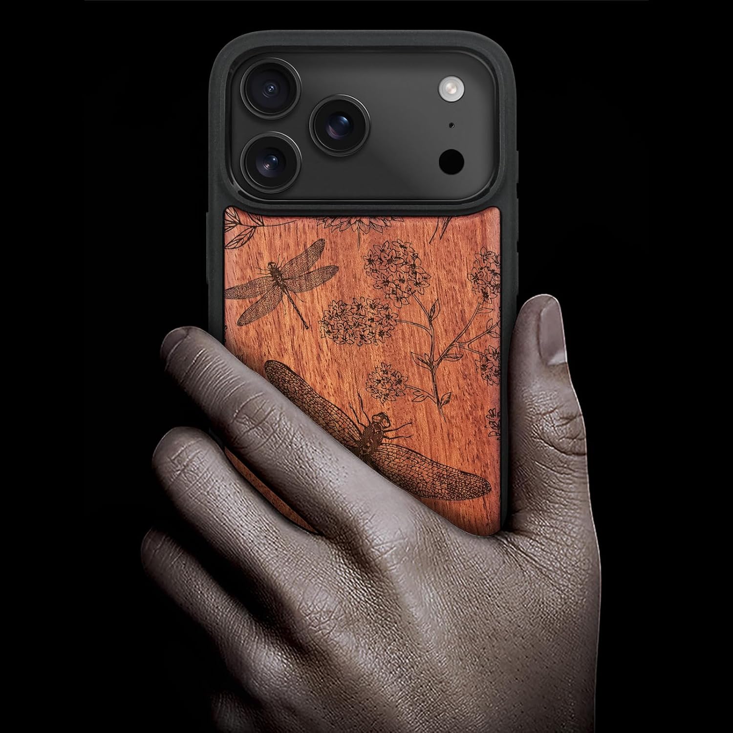 Carveit Magnetic Wooden Case for iPhone 17 Pro Max Case, Wood Artisan Engraved & Black Soft TPU Shockproof Cover, Compatible with MagSafe Wireless Chargers (The Dragonfly Dance) Rosy
