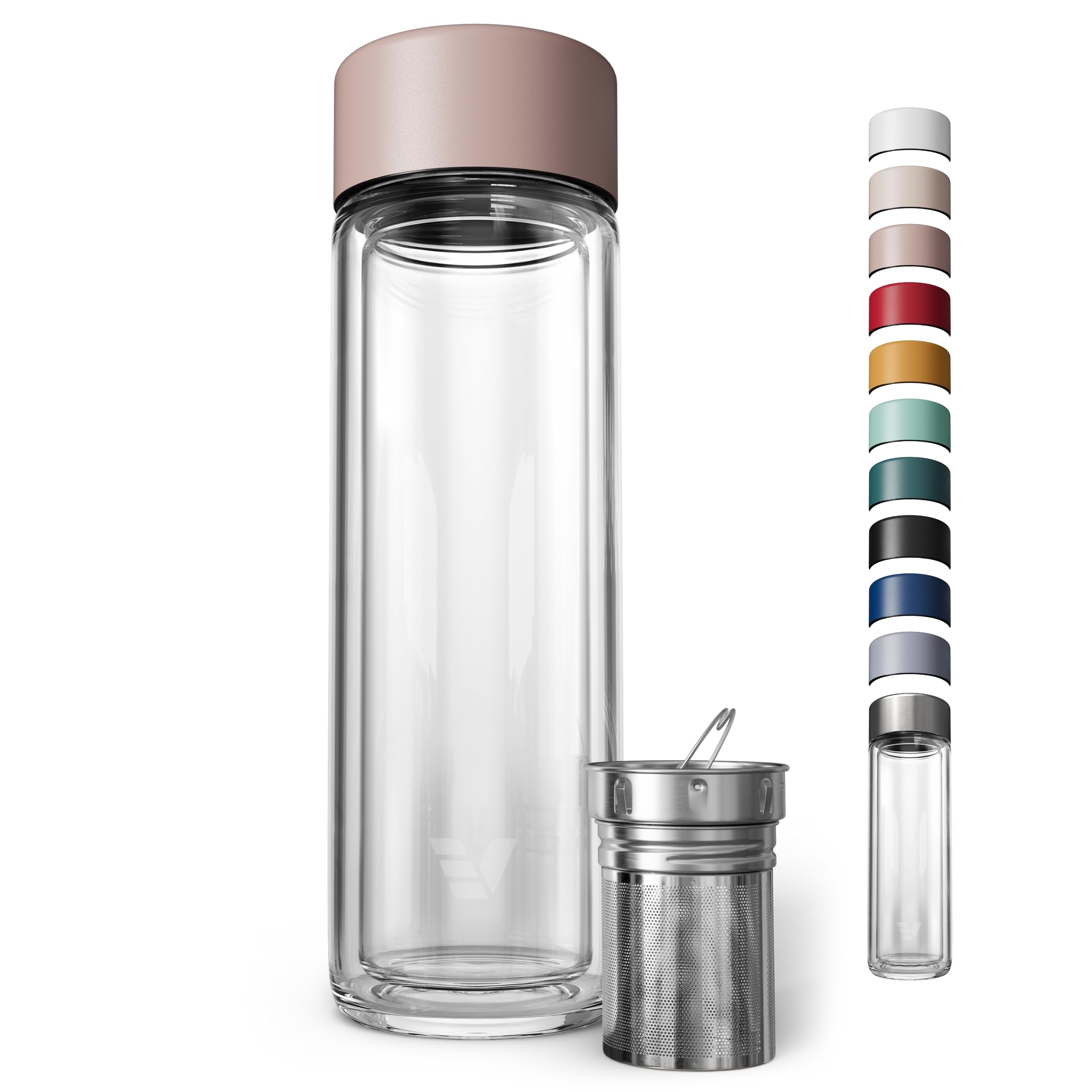 Glass Multi Tea Infuser Bottle 14oz - Double Wall Borosilicate Glass Flask | No Plastic Touches Contents | Perfect for Office or Home - Rose Pink