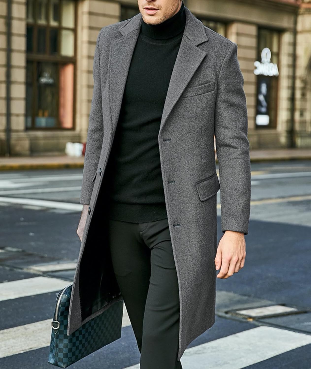 xxxiticat Men's Winter Trench Coat Long Sleeve Notch Lapel Single Breasted Quilted Cotton Long Overcoat Jacket Wool Pea Coat - Image 8