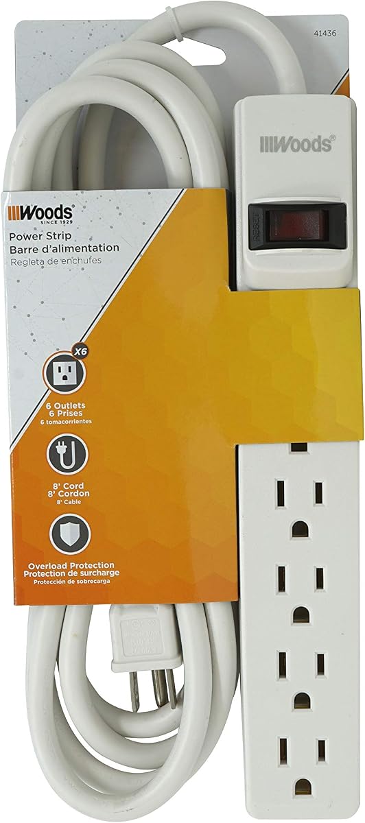 Southwire Woods Power Strip - Expands Power Access - 6 Outlet Safety Outlet Extension - 8 Foot UL Listed Corded Strip - Built-In Overload Switch - White