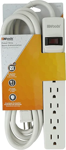 Woods 41436 Power Strip with 6 Outlets and Overload Safety Switch, 8 Foot Cord, White