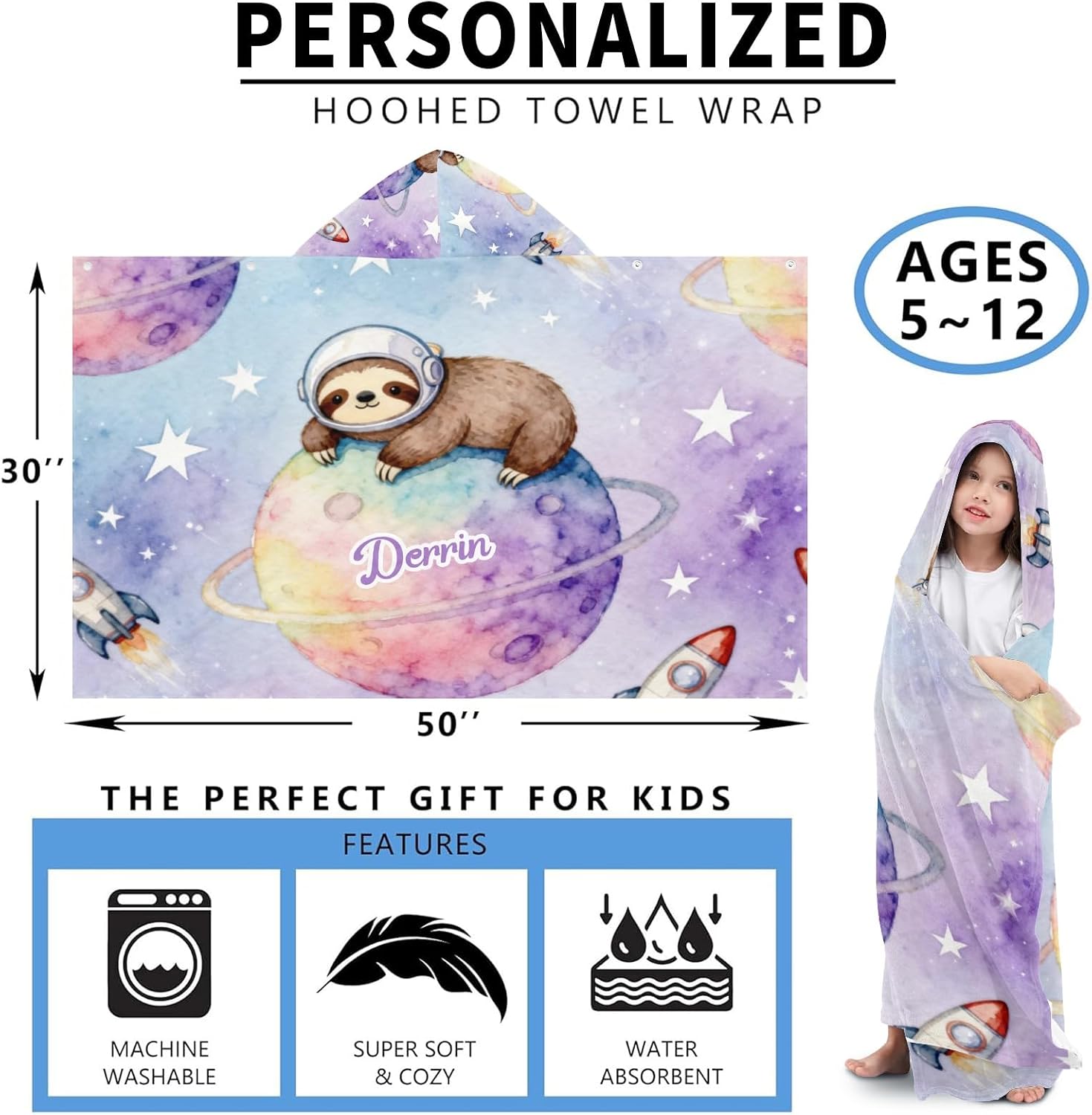 Space Sloths Stars Planet Personalized Hooded Towel Wrap Soft Pool Beach Bath Towels Hood for Kids Boy Girl,30x50 Inches