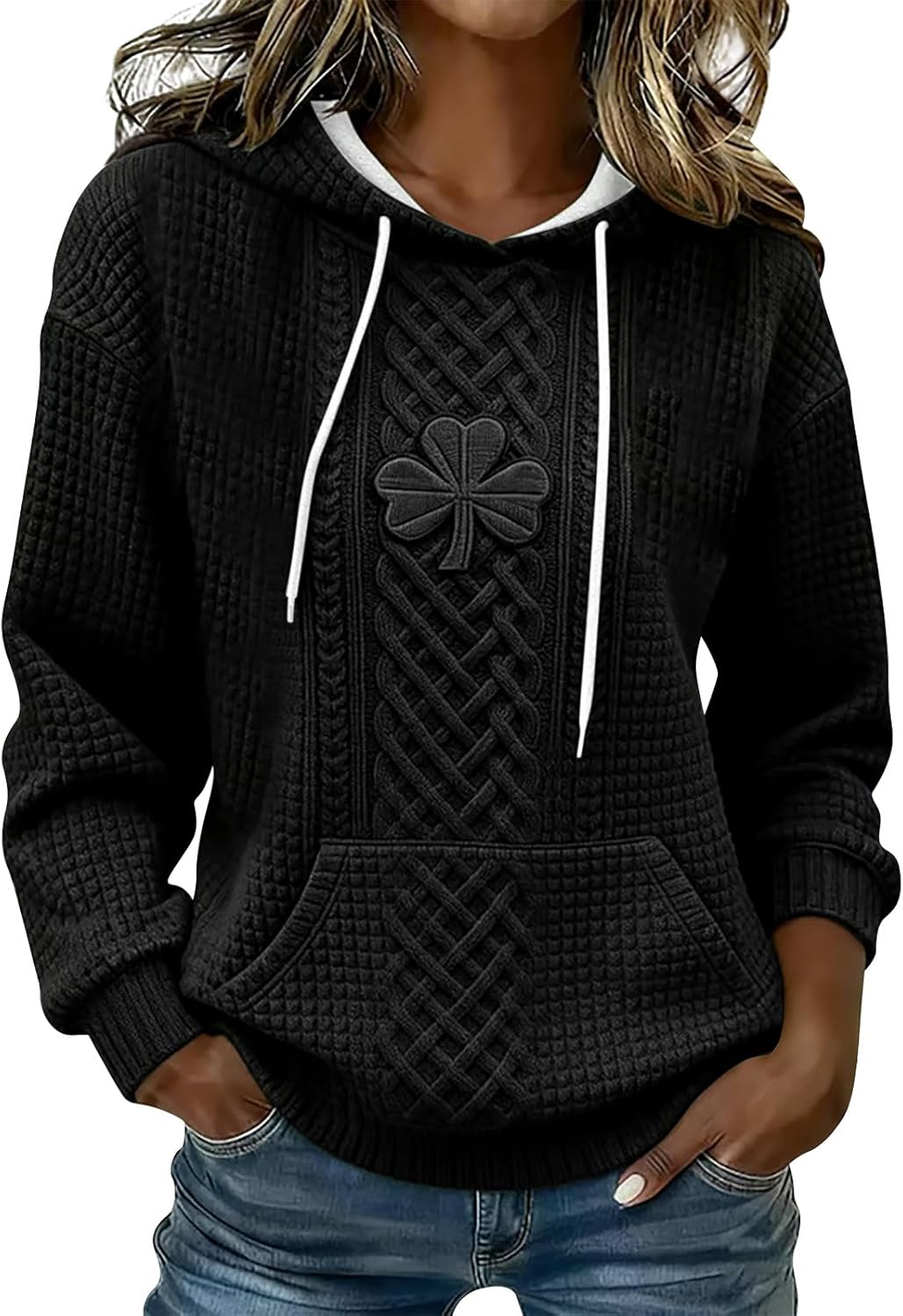 Women's St. Patrick's Day Clover Print Hoodie Casual Long Sleeve Sweatshirt Irish Shamrock Pullover Tops