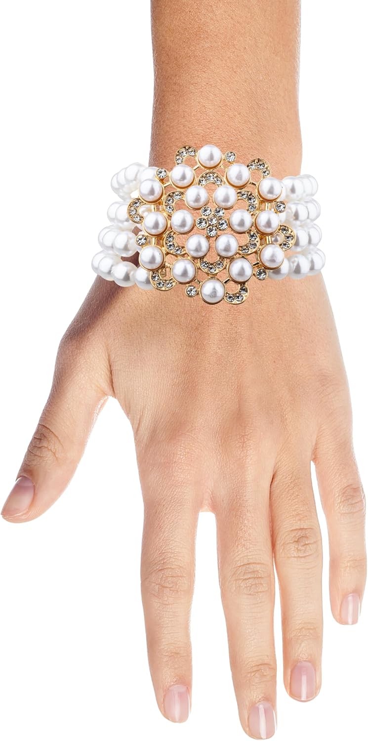 Nicole Miller New York White Beaded Stretch Bracelet, 4 Strand, White with Crystal Accents, Floral Design