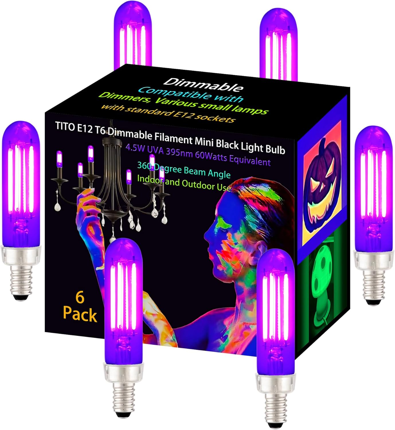 TITO 6 Pack E12 T6 Dimmable Filament Candelabra Black Light Bulbs, UVA 395nm 4.5W Mini Black Light Bulb 60W Blacklight Bulb Equivalent, Glow in Dark Halloween Christmas Party Fluorescent Decor Display
