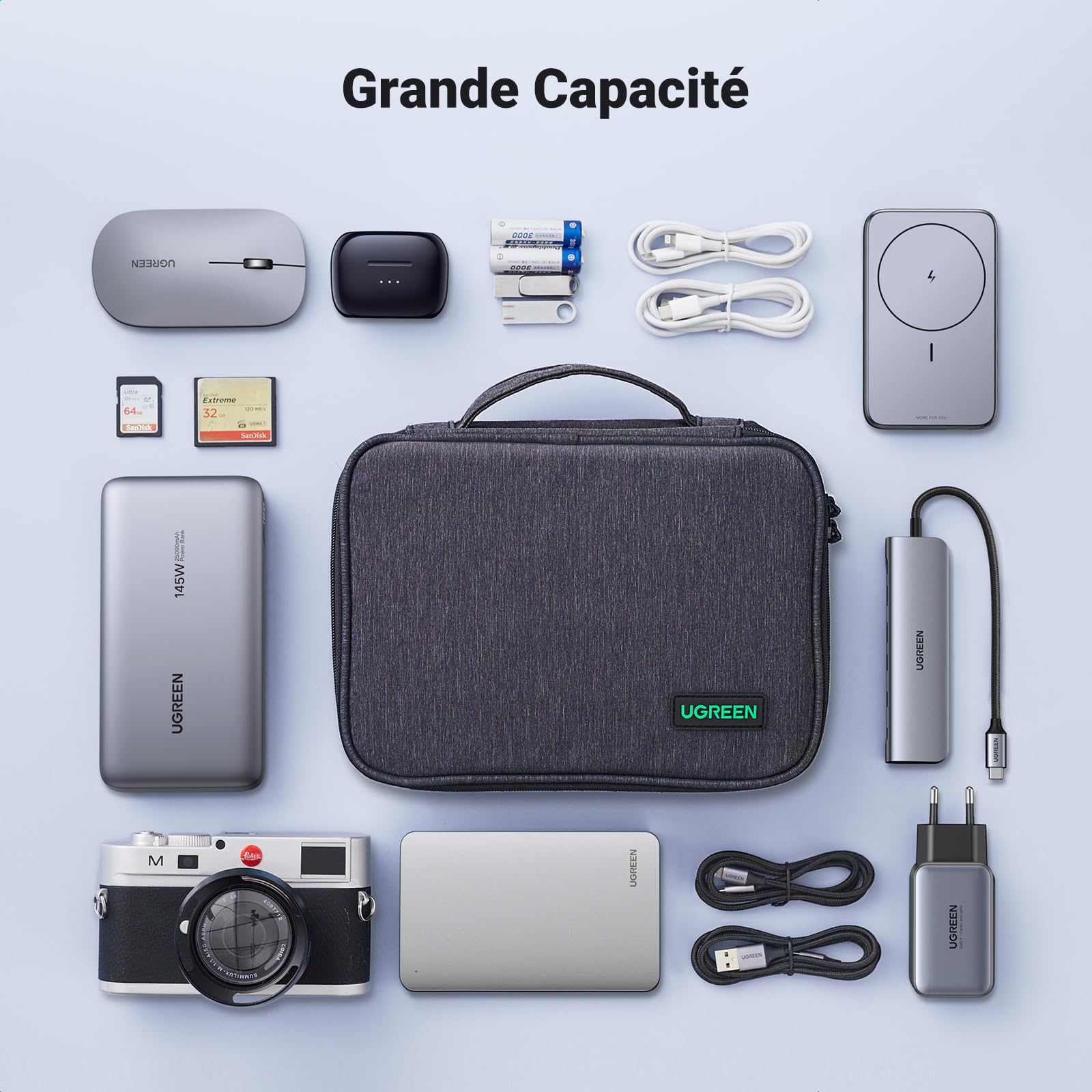 UGREEN Sac Câble Multifonctionnel Rangement Électronique Pochette Protection Voyage 2 Couches