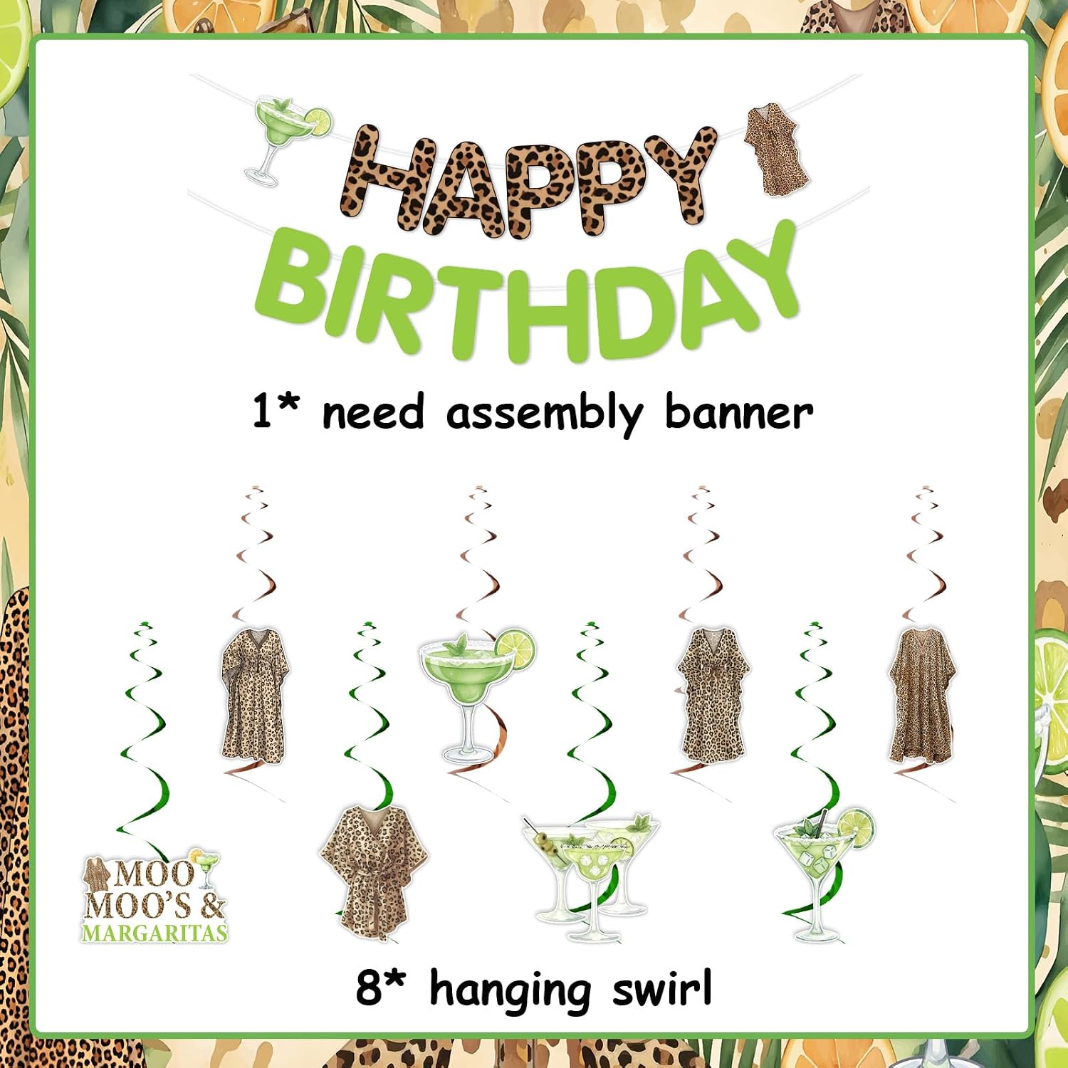 Moo Moos and Margaritas Birthday Party Decorations for Women Female - Leopard Print Margarita Happy Birthday Banner and Lemon Cocktail Martini Hanging Swirls, Margs Theme Party Supplies