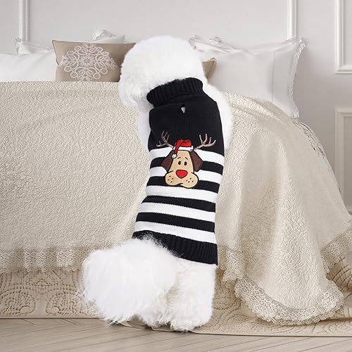 Miniatura 6 de YUDODO Suéter de Navidad para perros pequeños, con cuernos de dibujos animados, suéter de punto para cachorros, ropa de invierno a rayas, suéter