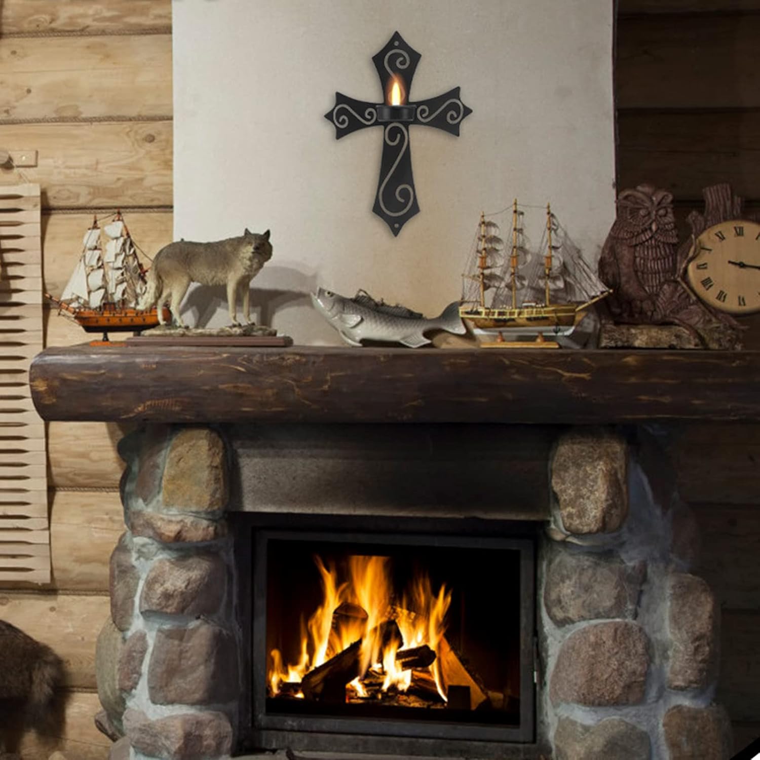 Black Metal Sconces Wall Decor Set of 2,Cross Candle Wall Sconce for Living Room