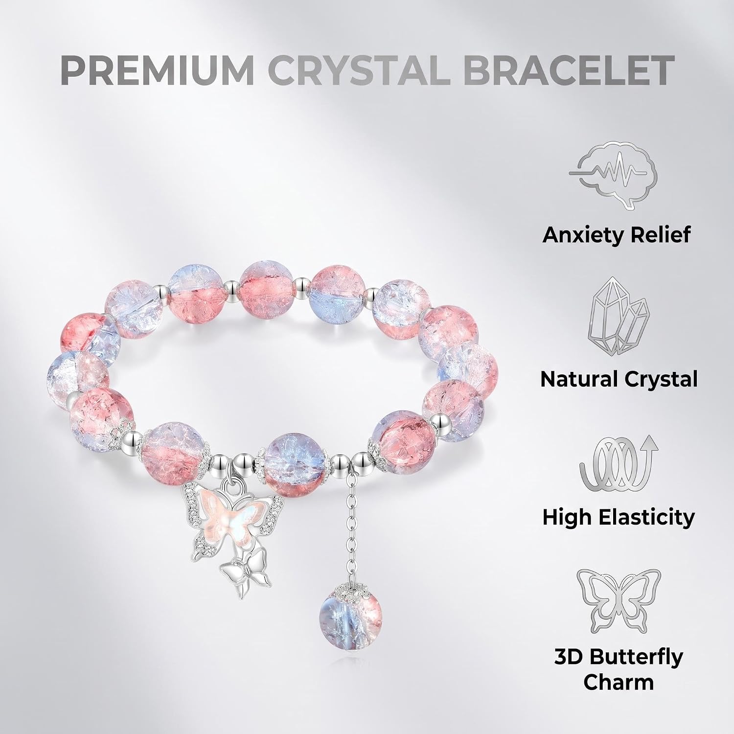 Butterfly Beaded Bracelet, Colorful Crystal | Natural Gemstone, Stretch Elastic, Healing Crystal Round Stone, Jewelry Gifts for Women