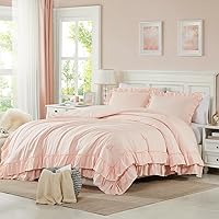 Cupocupa Blush Pink Queen Comforter Set, 3-Piece Ruffle Farmhouse Bedding, Soft Microfiber All-Season Shabby Chic Duvet