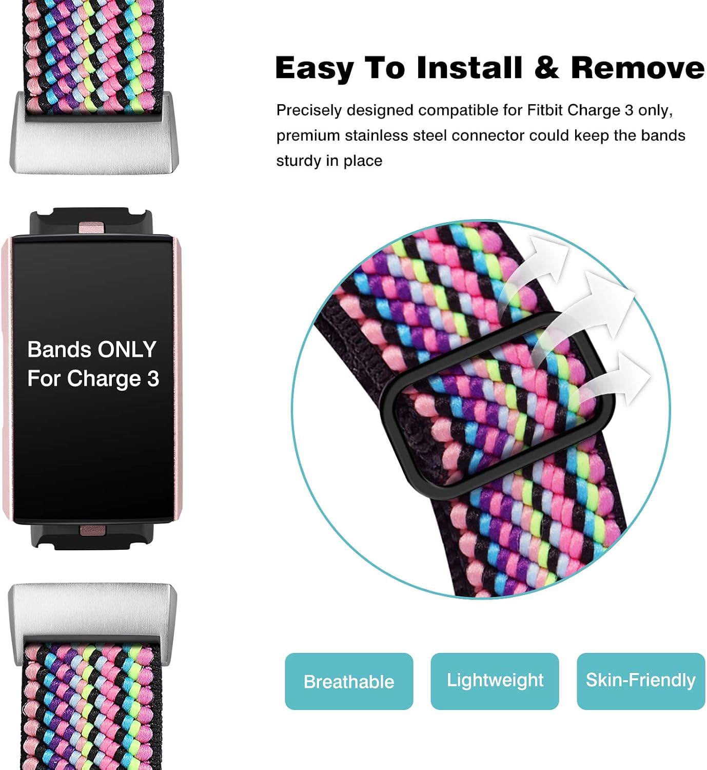Witzon Compatible with Fitbit Charge 3 / Charge 4 Bands for Women Men, Fabric Nylon Adjustable Breathable Replacement Wristbands Elastic Sport Band for Charge 3 / Charge 4 / 3SE / 4SE, Colorful Rope