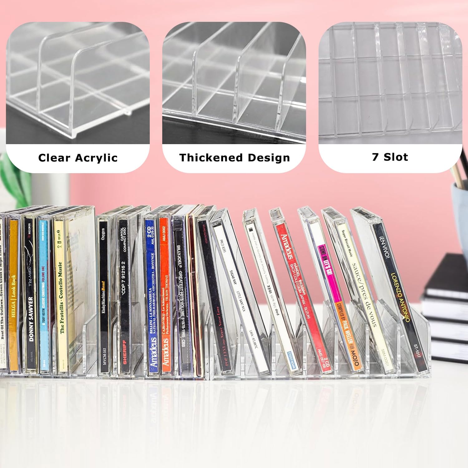 2 Pcs Transparent CD Holder, CD/DVD Presentation Rack, Acrylic CD/DVD Display Shelf, Multi-Slot CD Storage Rack, CD Organiser Stand for Cassettes Game Cassettes Books Cosmetics — view 3