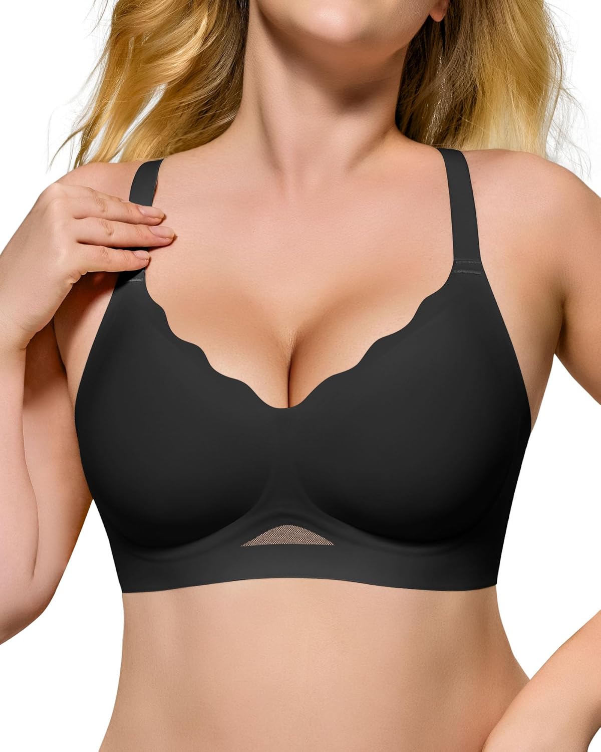 HORISUN Womens No Underwire Bras Supportive Scalloped V Neck Tshirt Bra Comfortable Wireless Seamless Push Up Bralette