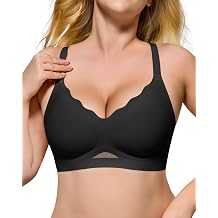 HORISUN Womens No Underwire Bras Supportive Scalloped V Neck Tshirt Bra Comfortable Wireless Seamless Push Up Bralette