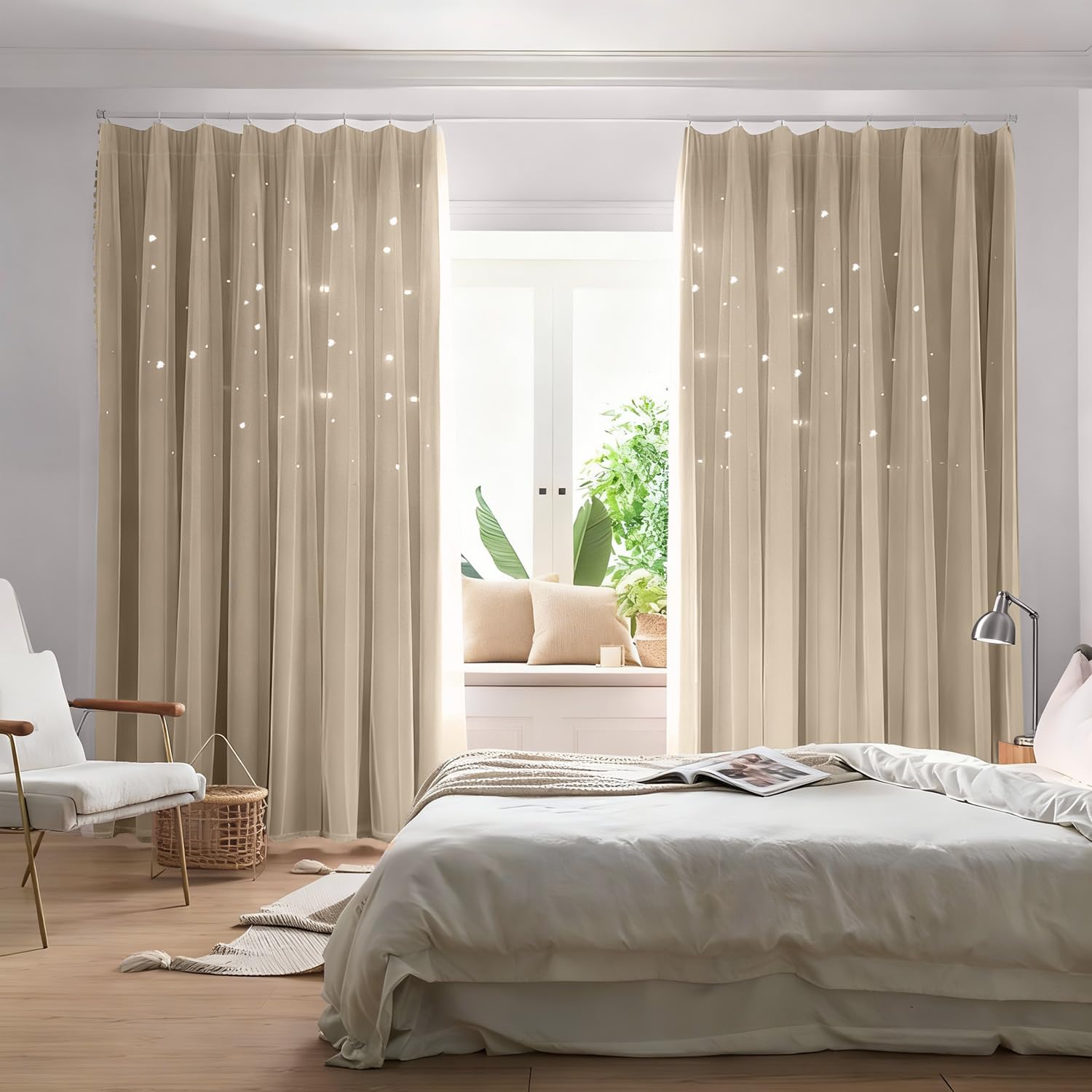 Amazon｜PANDA INTERIOR 姫系カーテン 星柄 遮光 レース付き 一体型