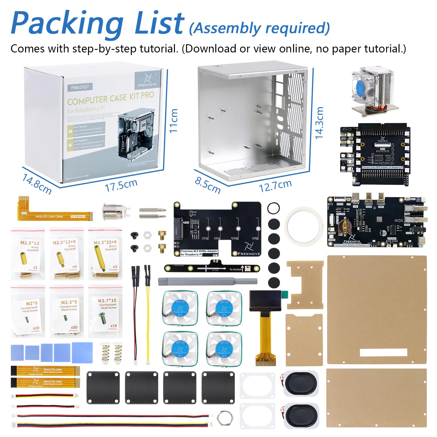 Freenove Raspberry Pi 5 PC Case Kit, M.2 NVMe SSD Slot, 5 PWM ARGB Fans Light Sync, CPU Tower Cooler, 0.96" OLED Screen, Stereo Speakers, 3.5 mm Audio (SSD Not Included)