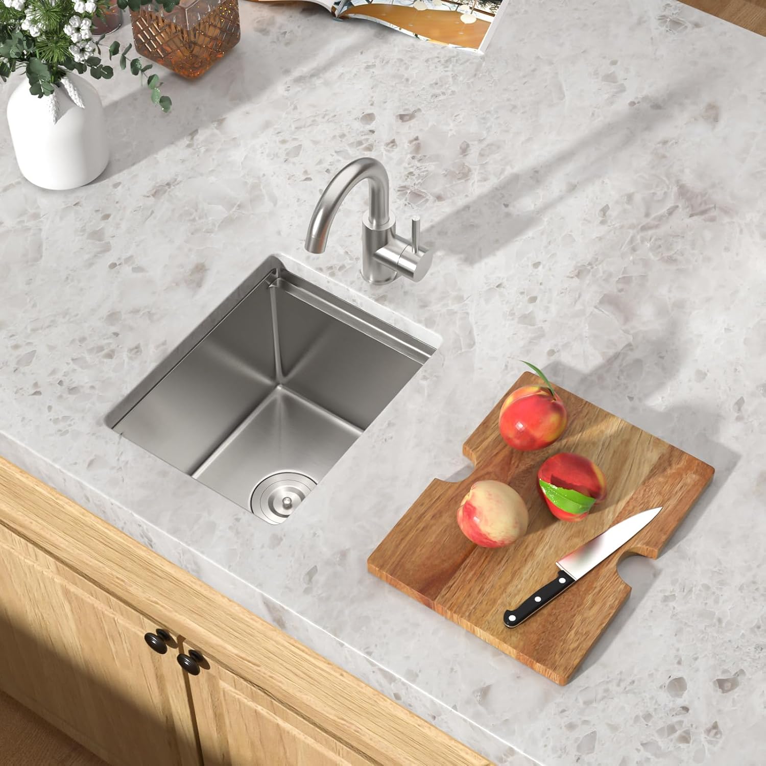 12" Undermount Bar Sink, 16 Gauge Stainless Steel Workstation Prep Sink with Cutting Board & Drain Strainer, Small Single Bowl Wet Bar Sinks for RV, Kitchen Island, Brushed Nickel #TLU-0018