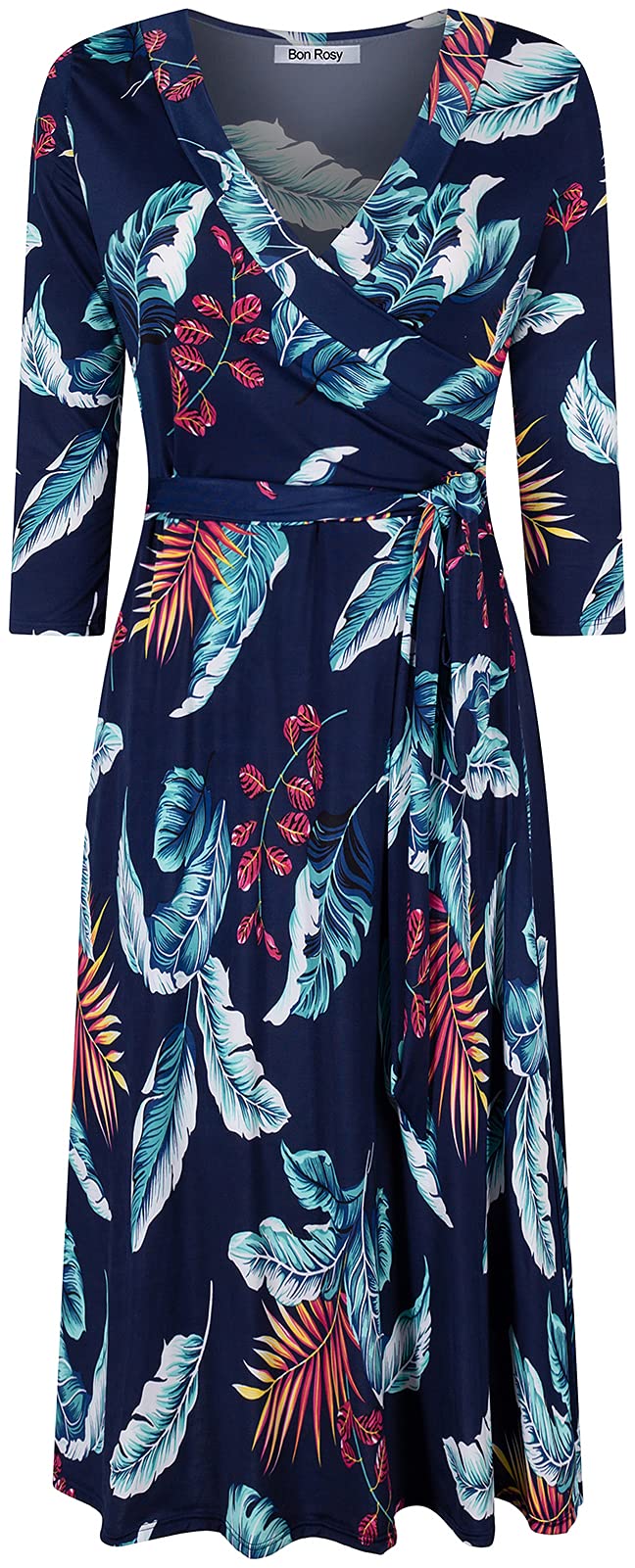 Bon Rosy Women's #MadeInUSA 3/4 Sleeve Faux Wrap Midi Dress Knee Length - blue - Large