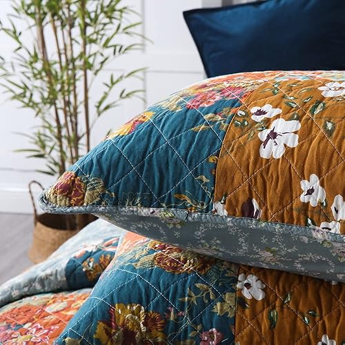 Vista 33 de Autumn Dream Juego de colcha de algodón reversible, juego de ropa de cama reversible, colcha de retazos florales vintage rojo y azul, tamaño King
