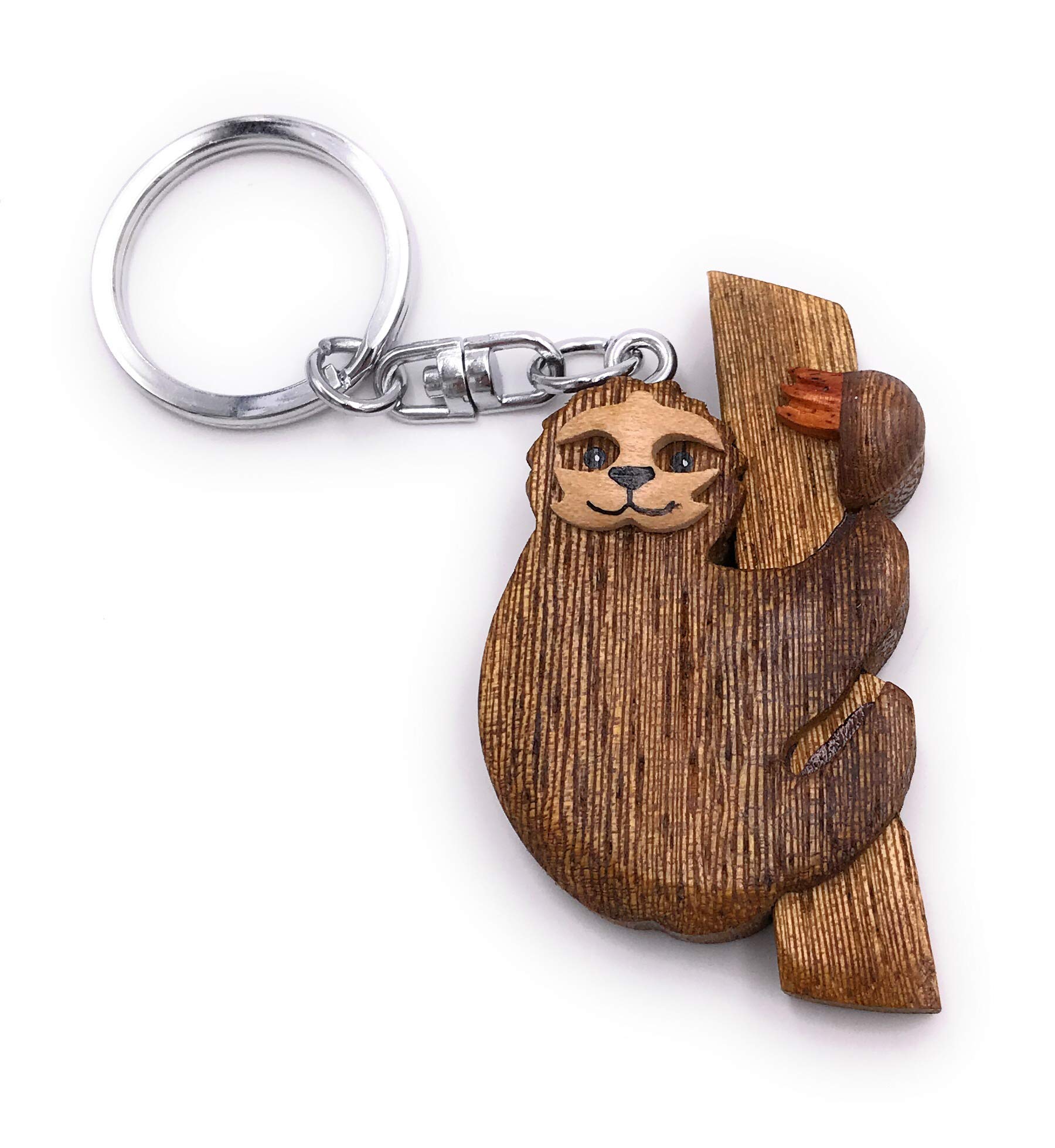 Onwomania Wooden keychain sloth on branch mammal animal pendant charm