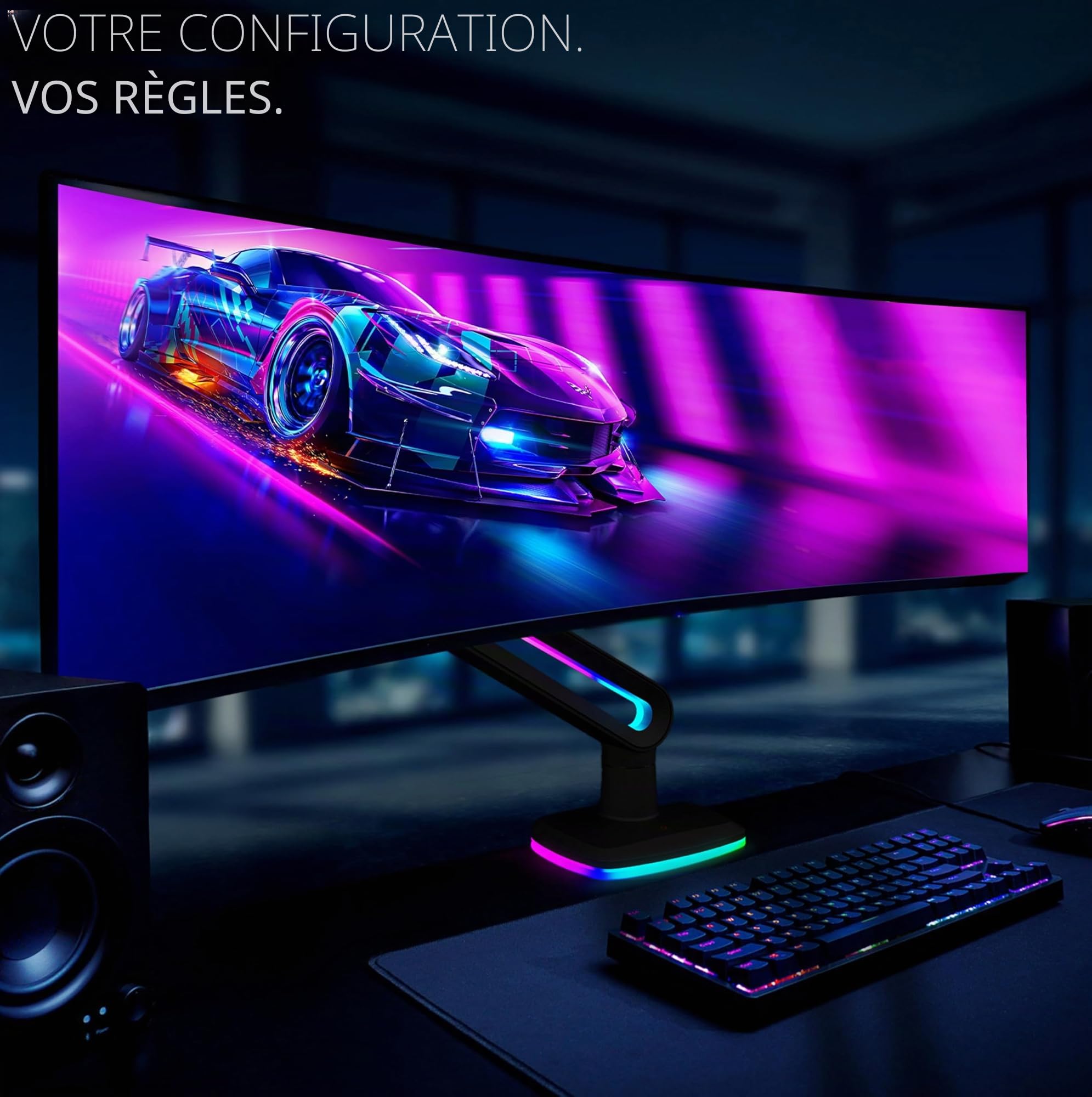 Invision VORTEX Bras Moniteur Gaming pour Écrans 27 à 57 pouces | Courbes et Ultra-Larges | Alimentation USB 5 V | Éclairage LED RGB Intégré à 14 Modes | Charge Maximale : 3 à 18 kg (VR200)