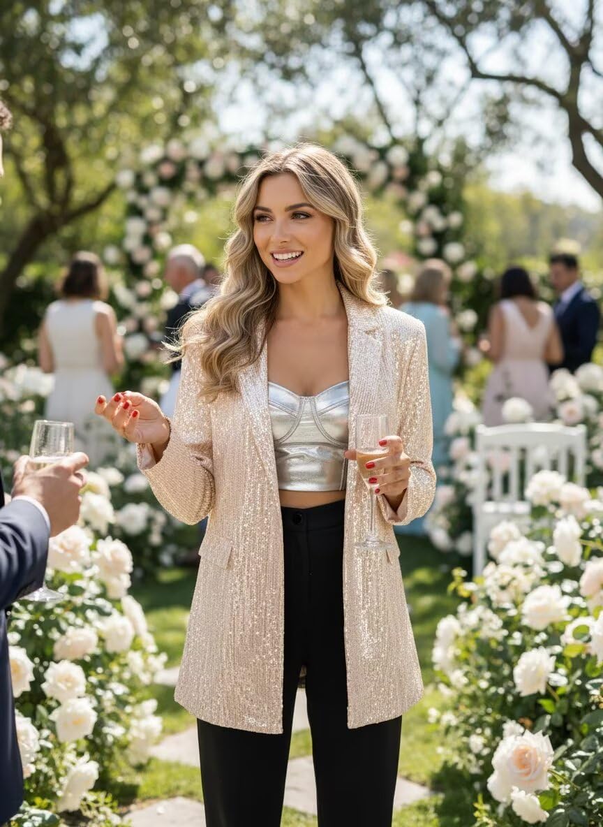 Women's Sequin Jackets Open Front Sparkly Blazer for Women Casual Party Shiny Long Sleeve Cardigan Coat