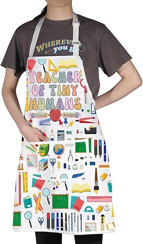 Miniatura 10 de WZMPA Delantales ajustables para profesores de jardín de infantes, regalo de agradecimiento para profesores de seres humanos pequeños, delantal para