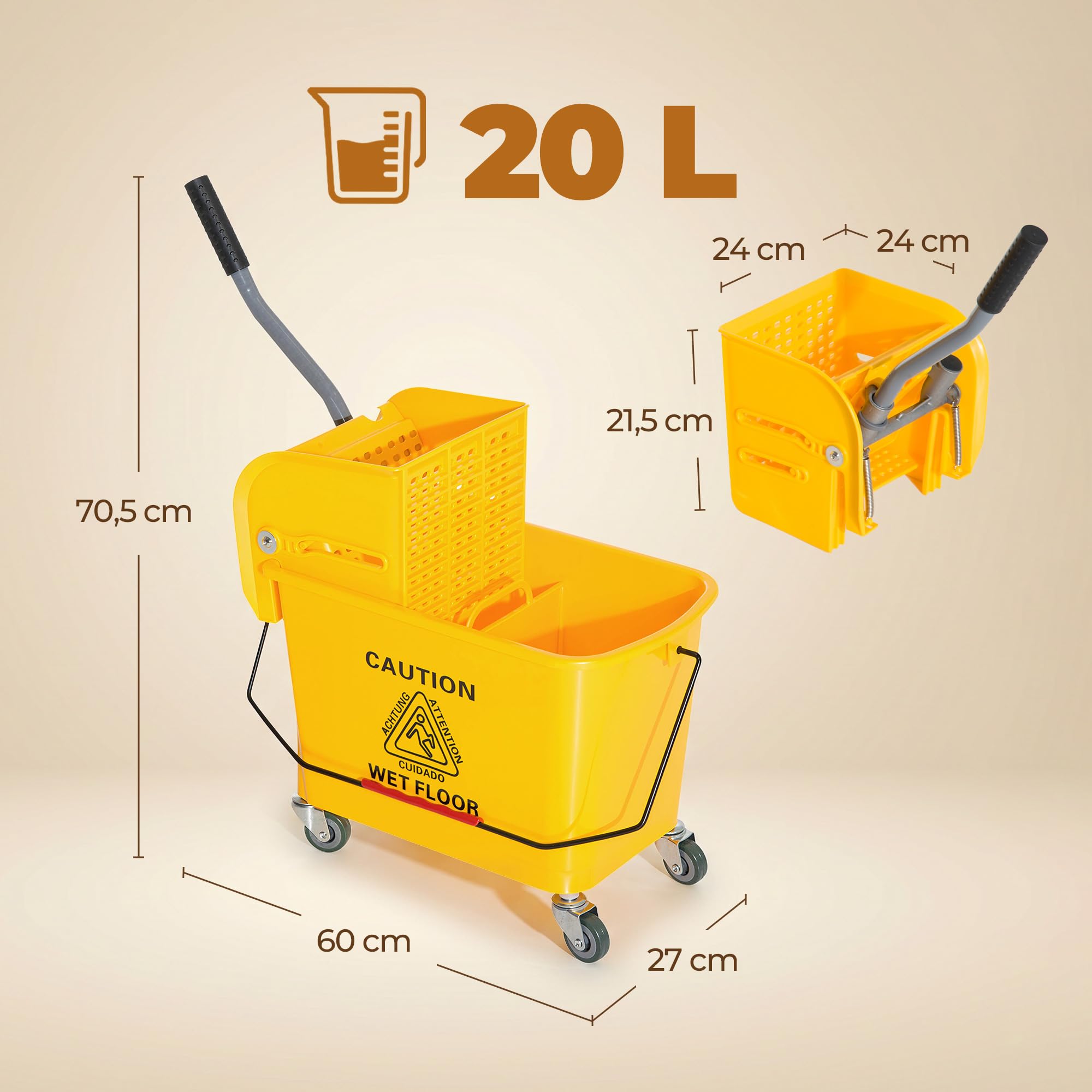 HOMCOM Chariot de Nettoyage Lavage Seau de ménage 20 L avec essoreur et séparateur Eau Sale Propre Jaune 60L x 27l x 70,5H cm