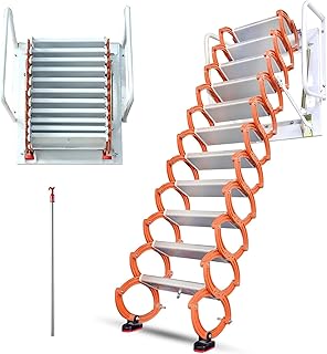 Wall Mounted Attic Ladder Household Loft Access Extension Stairs Retractable Folding Wall Ladder Carbon Steel Pulldown Telescoping Ladder with Armrests(Size:10.66FT/13-step)