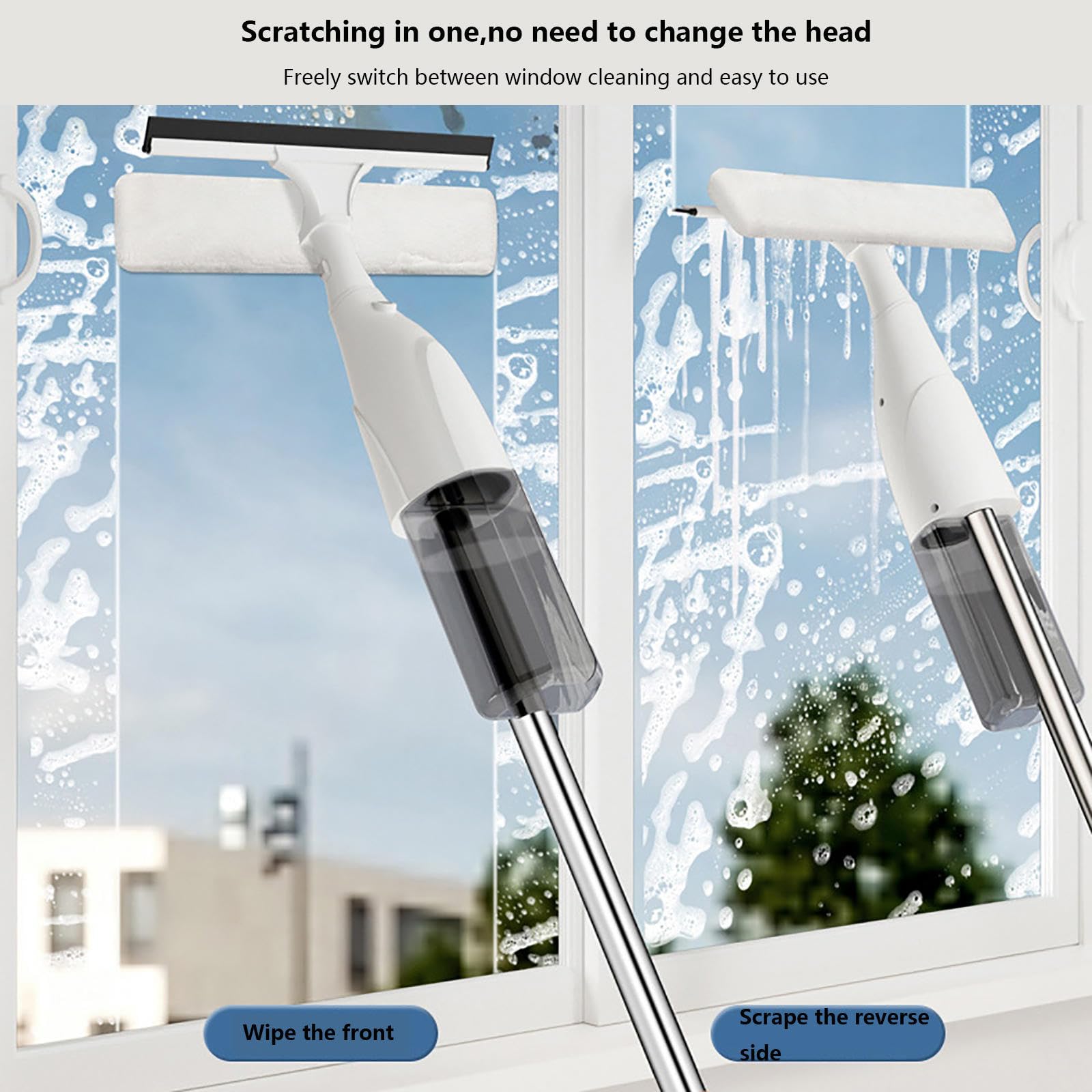 3 en 1 Spray Limpiacristales Coche con Poste Telescópico, Rasqueta Limpiacristales con 3 Paños Microfibra para Ventanas Altas Interiores/Exteriores