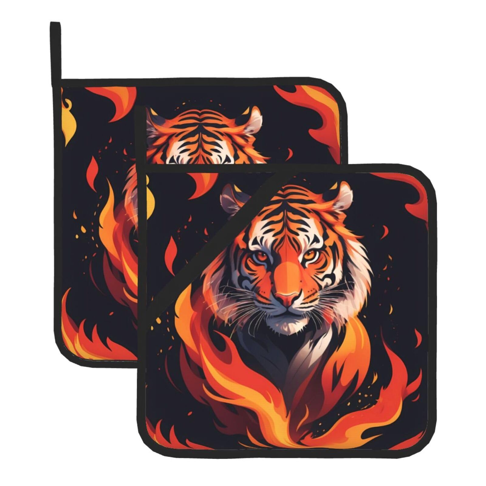 HJFCZH Cool Tiger in Flame Printed Square Insulated Pot Mat Set (2-Piece) 8x8in Waterproof, Thickened & Easy to Clean with Lanyard Design for Kitchen, Oven & BBQ